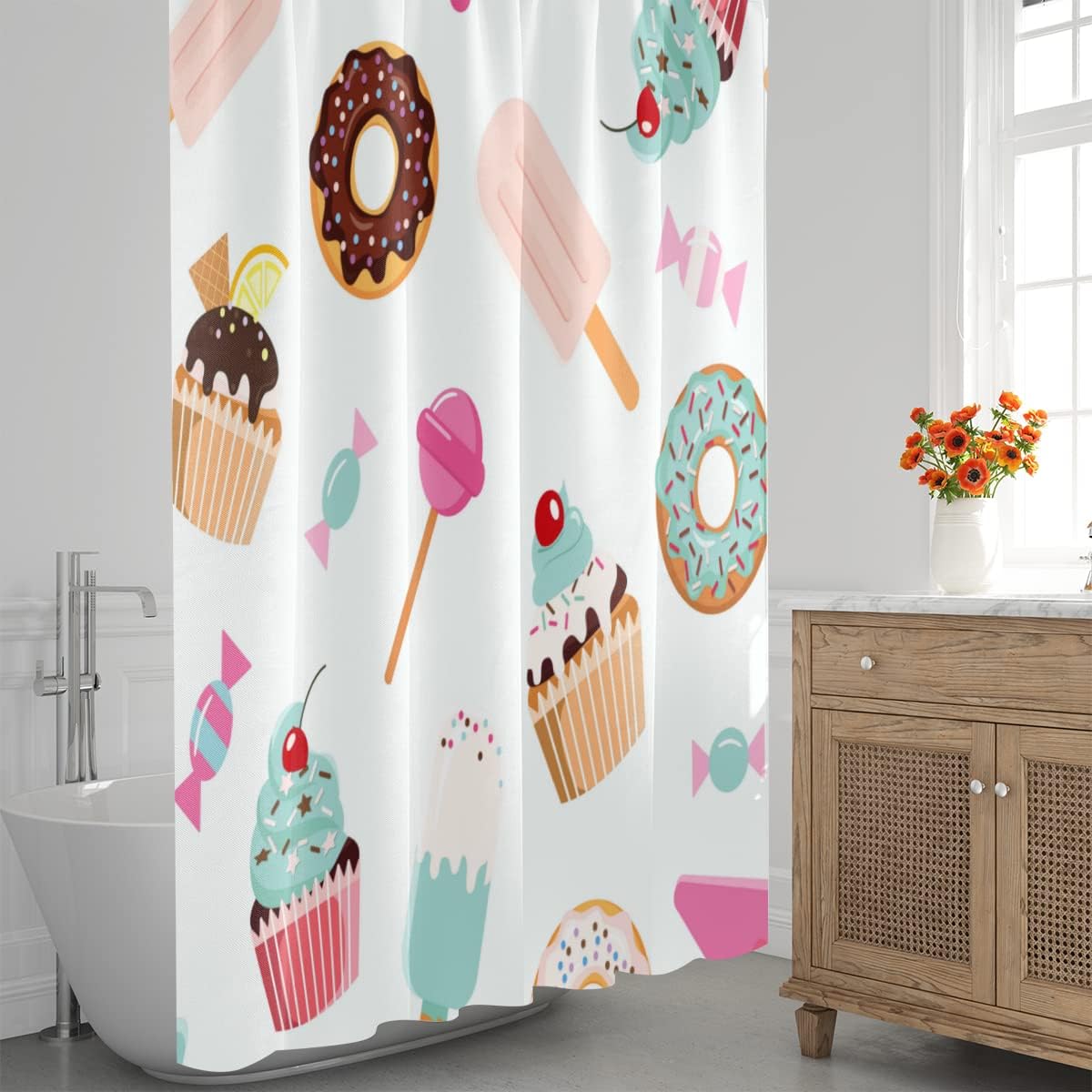 Shower Curtain Cute Doughnut Candy Fabric Shower Curtain Set with 12 Hooks Water-Proof 72 * 72 Inches for Bathroom Beach Caravan Hotel