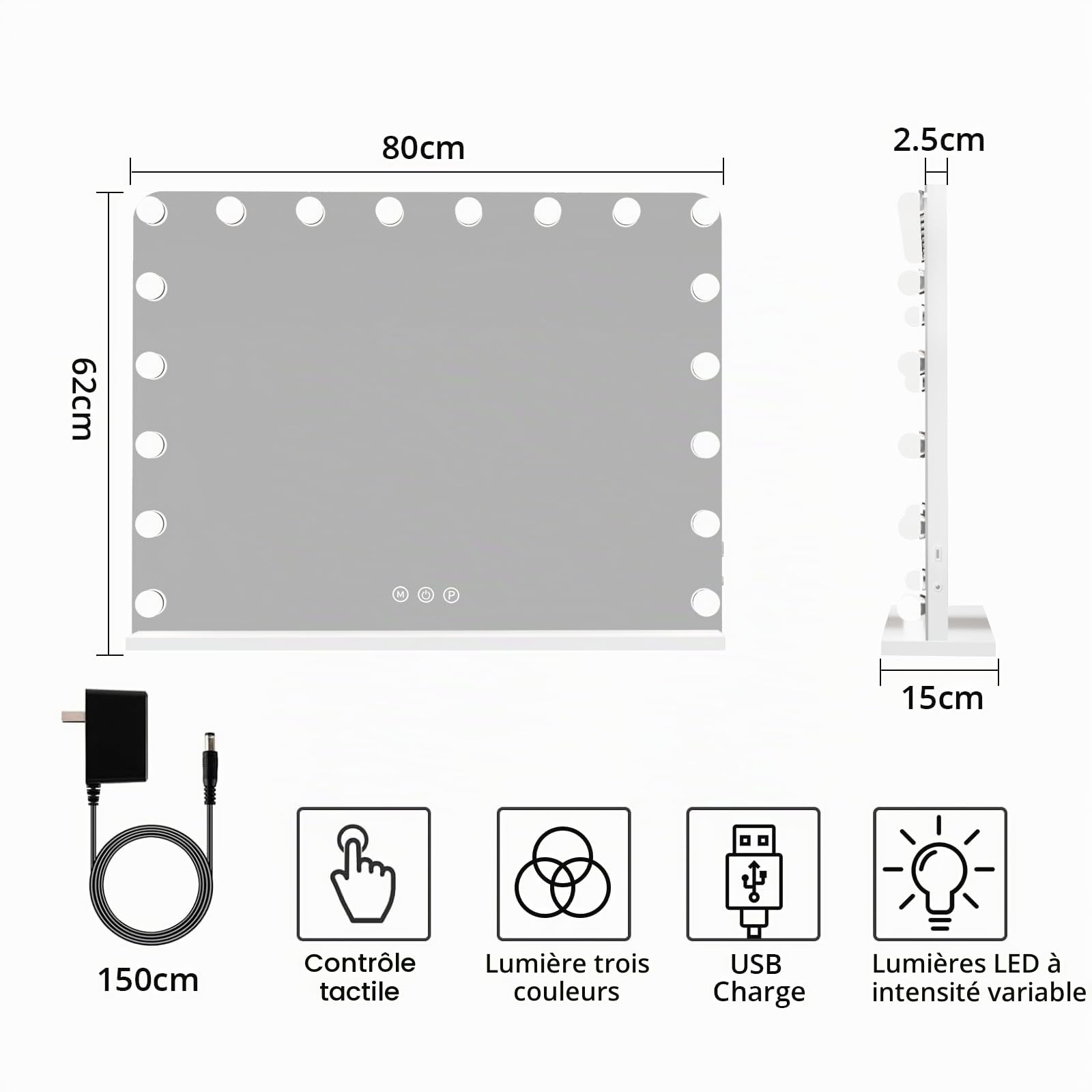 VOWNER Hollywood Miroir de Maquillage avec éclairage, 18 LED à intensité Variable, avec 3 Couleurs de lumière, Touch Control Vanity, avec USB et loupe 10x, pour Chambre à Coucher, Coiffeuse,80x60 cm