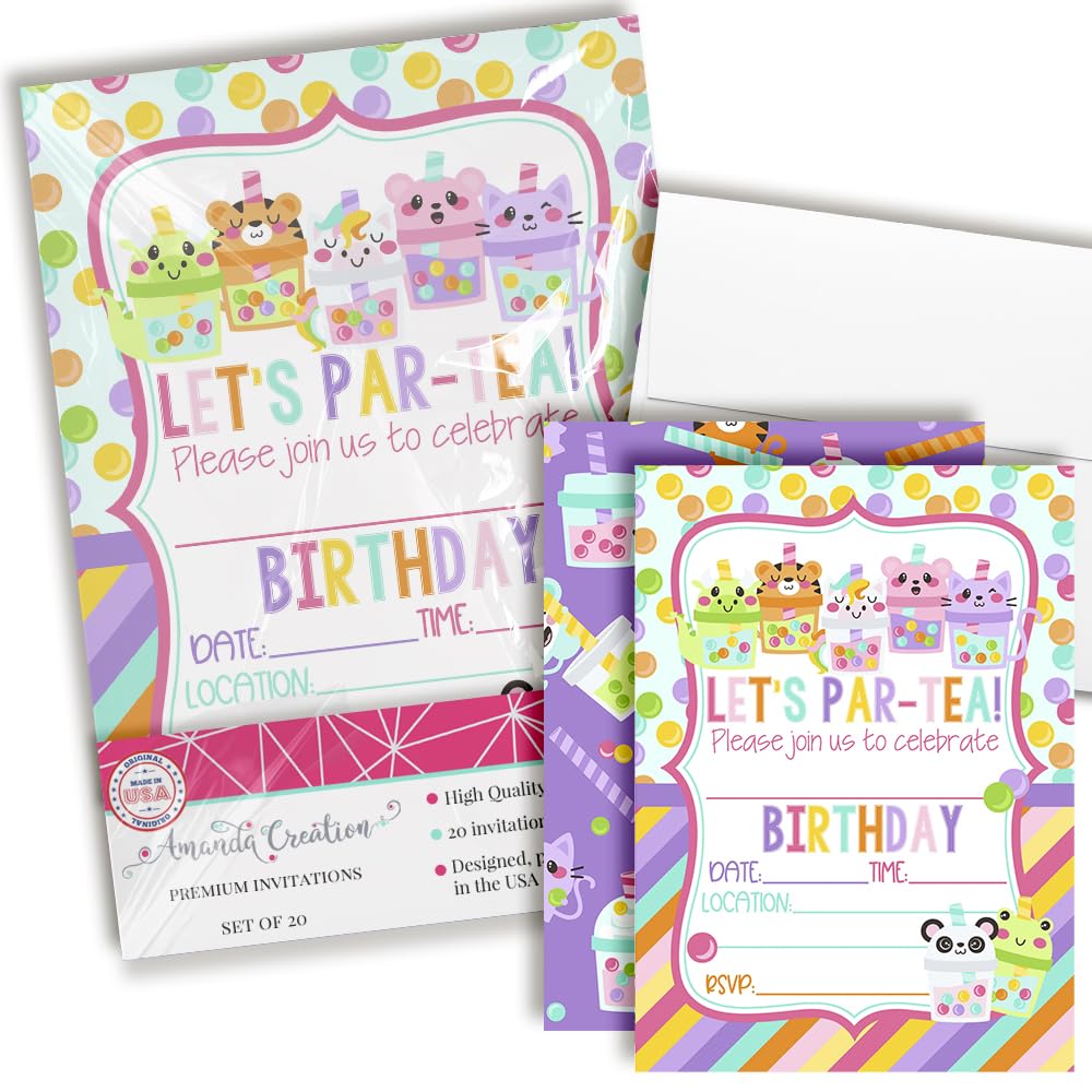 Amanda CreationLet's Par-tea Cute Animal Bubble Tea Themed Birthday Party Invitations, 20 5x7 Fill-In Cards with Twenty White Envelopes