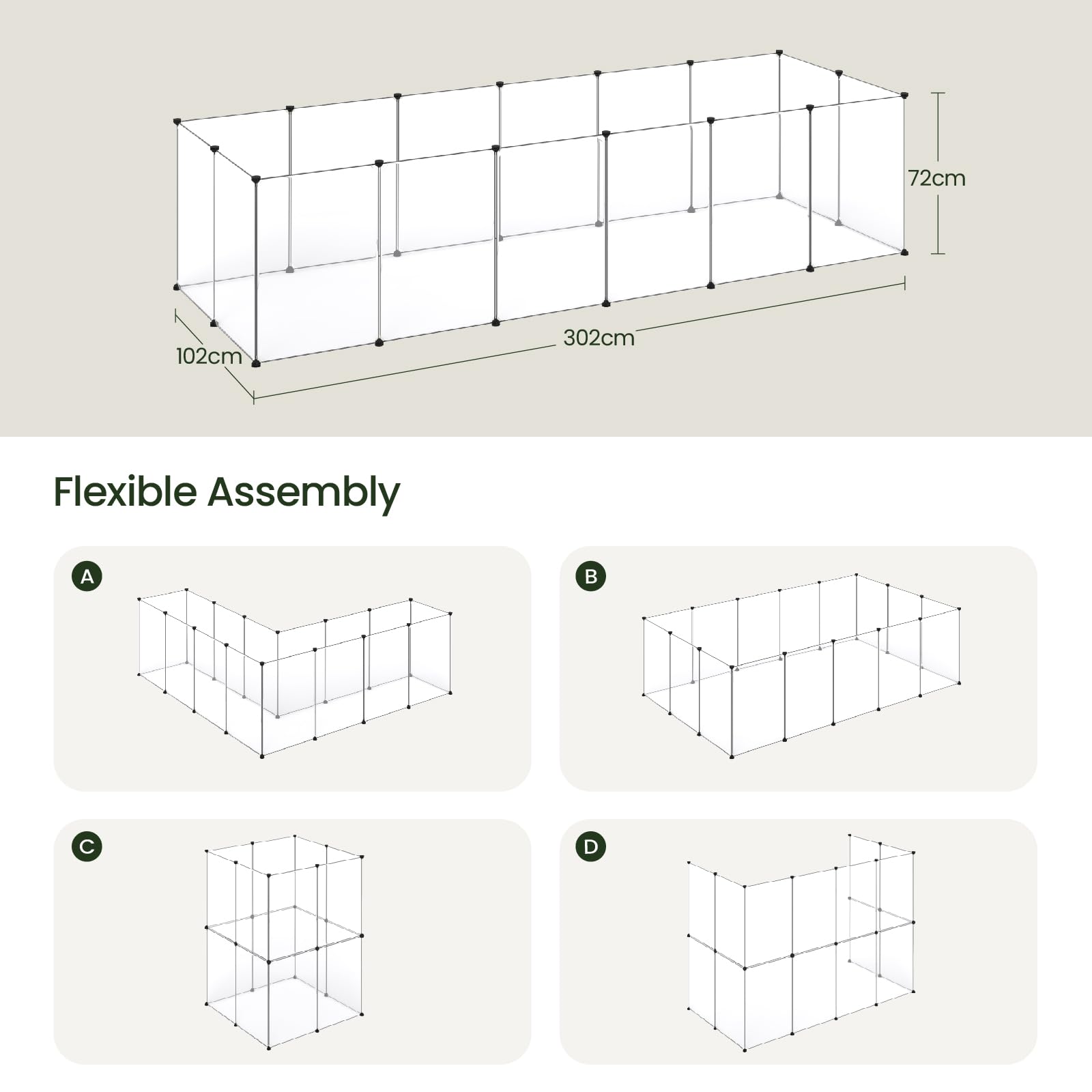 EUGAD Valla para Mascotas, Parque para Animales Pequeños Jaula Modular de Plástico para Conejos, Hamster, Cobayas, Recinto Interior con 16 Paneles (50x70cm/panel) 302 x 72 x 102 cm