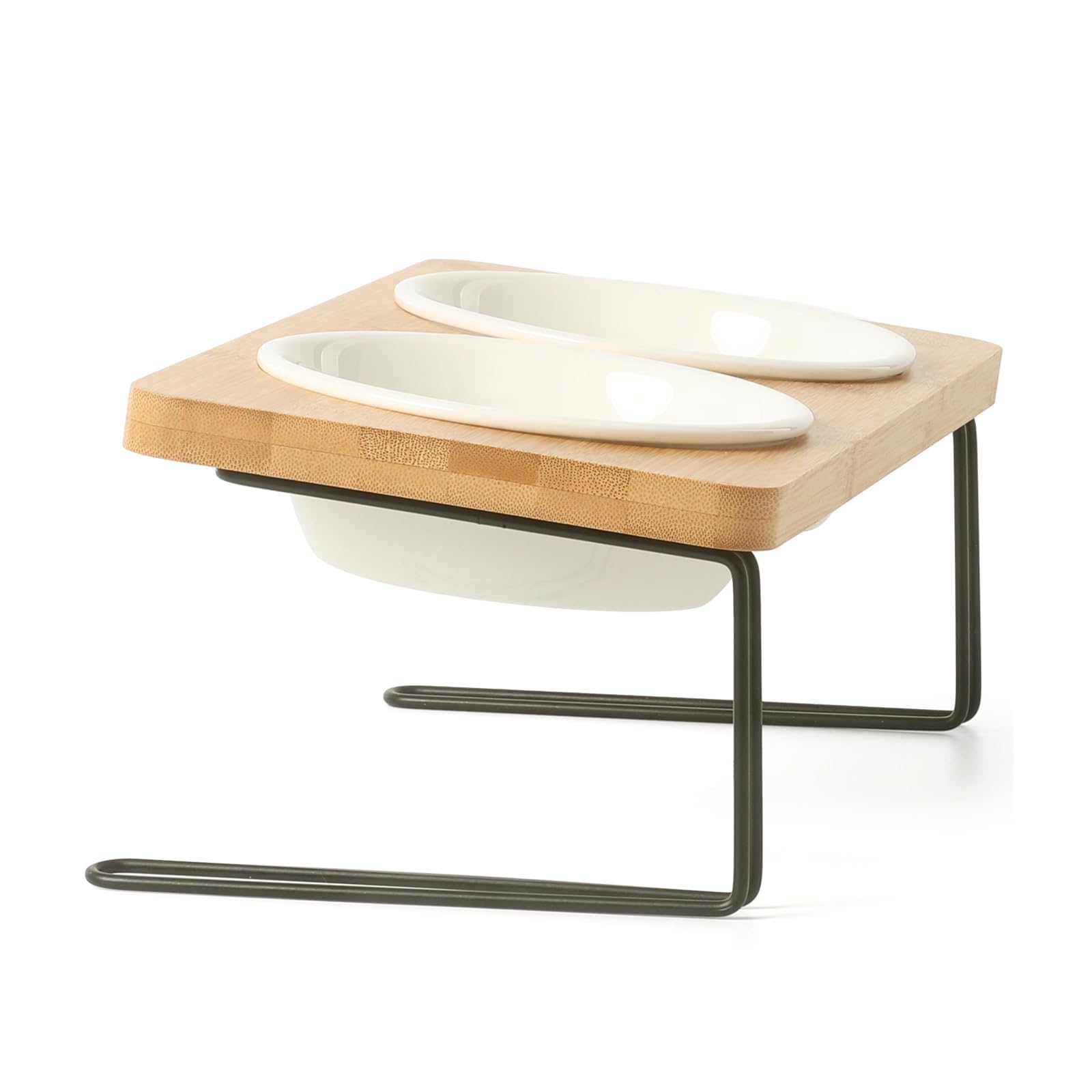 FUKUMARU Ciotola per Gatti e Cani Rialzata,Ciotola per Cibo per Gatti Inclinata di 15°, con Bambù Antiscivolo e Supporto in Metallo,Ciotola in Ceramica di Alta Qualità del Diametro di 14 CM.