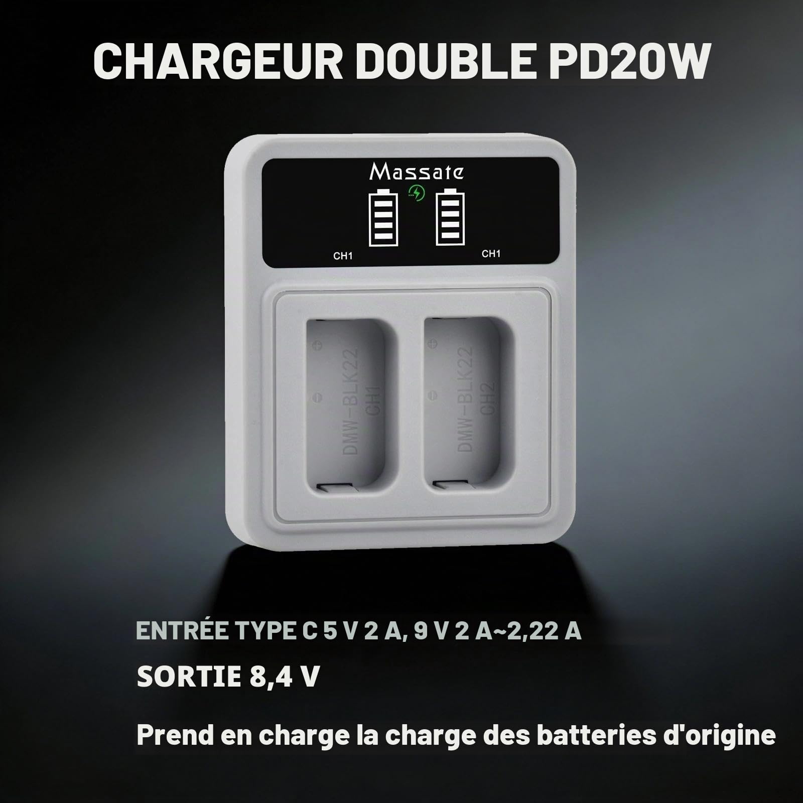 Lot de 2 batteries DMW-BLK22 2600 mAh + chargeur rapide LED PD20W - Charge complète en 2,5 heures - Batterie pour appareils photo Panasonic Lumix GH5, GH5 II, GH6, GH7, S5, S5 II, S5 IIX, S9