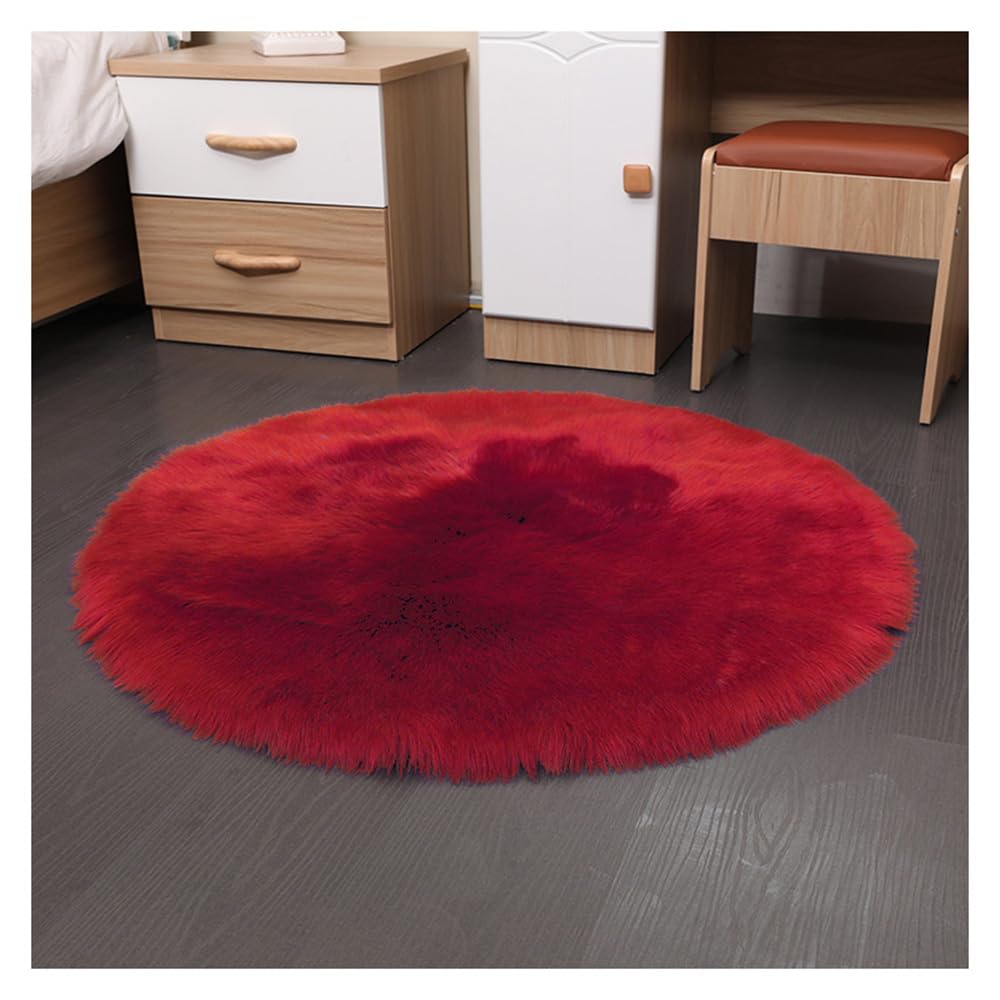 Faux Lammfell Schaffell Runder Teppich 90 * 90cm Rot Flauschig Kunstfell Teppich Longhair Fell Weiche Nachahmung Wolle Bettvorleger Sofa Matte Rutschfester Waschbarer Plüsch Fußmatte Heim Deko