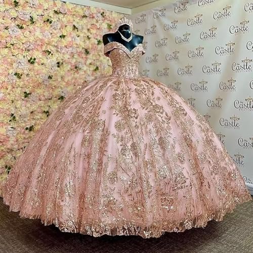 TRHTX Ruffle Layered Tulle Quinceanera Dresses Off Shoulder Sweet 16 Dresses Gold Gold Appliquess Sparkly Ball Gown2