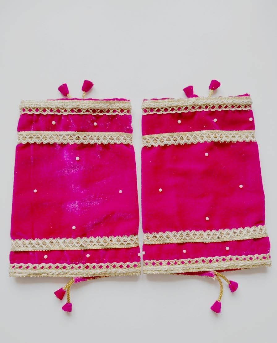 Chuda Cover for Women | Pink Velvet Bangle Cover with Gold Lace Embellishment and Pearl Work | Drawstring Closure Chuda Pouch | Traditional Jewellery Storage Accessory for Wedding Festive Gift-image-29