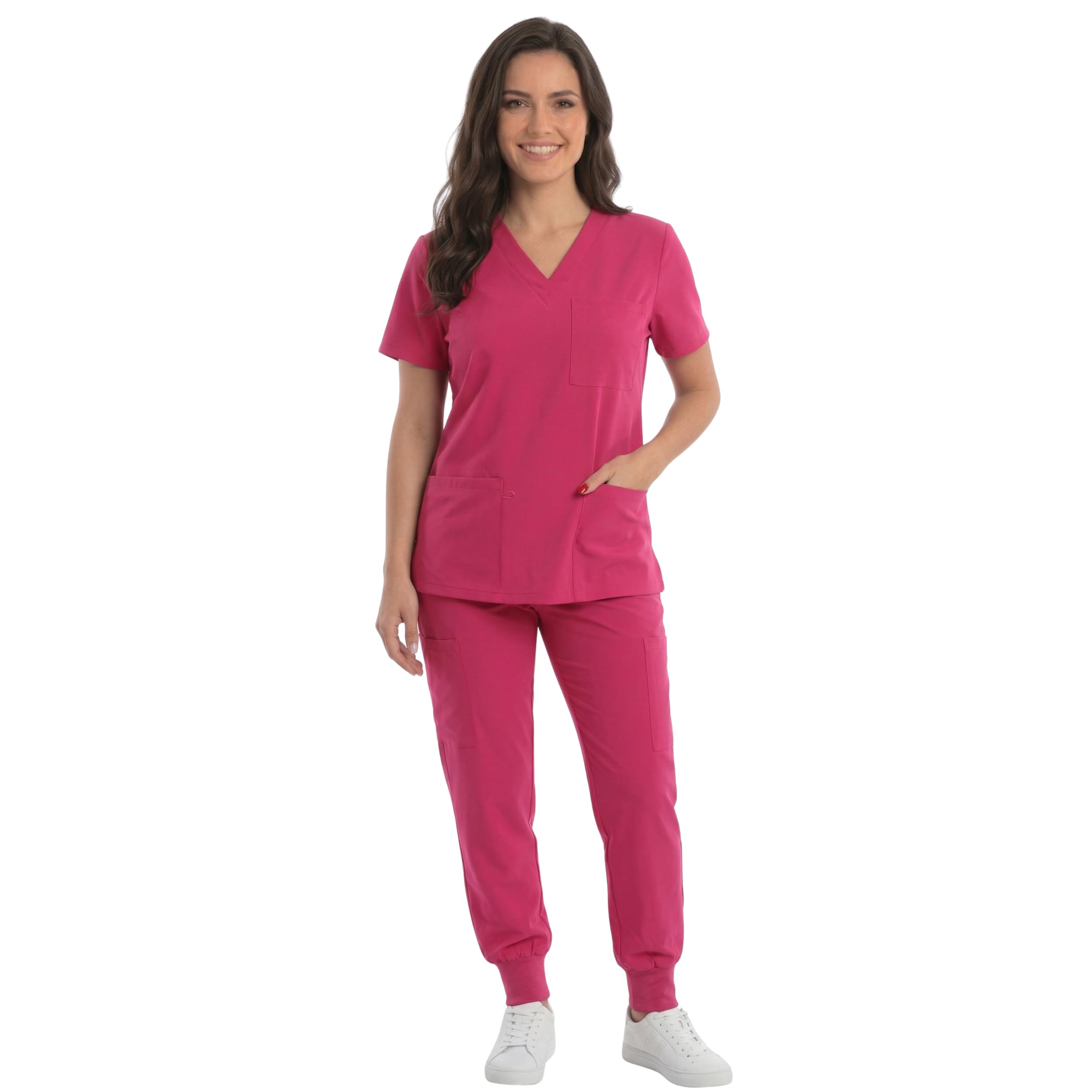 Just Love Women's V-Neck Scrub Set, Fuchsia Stretch Fabric, XS