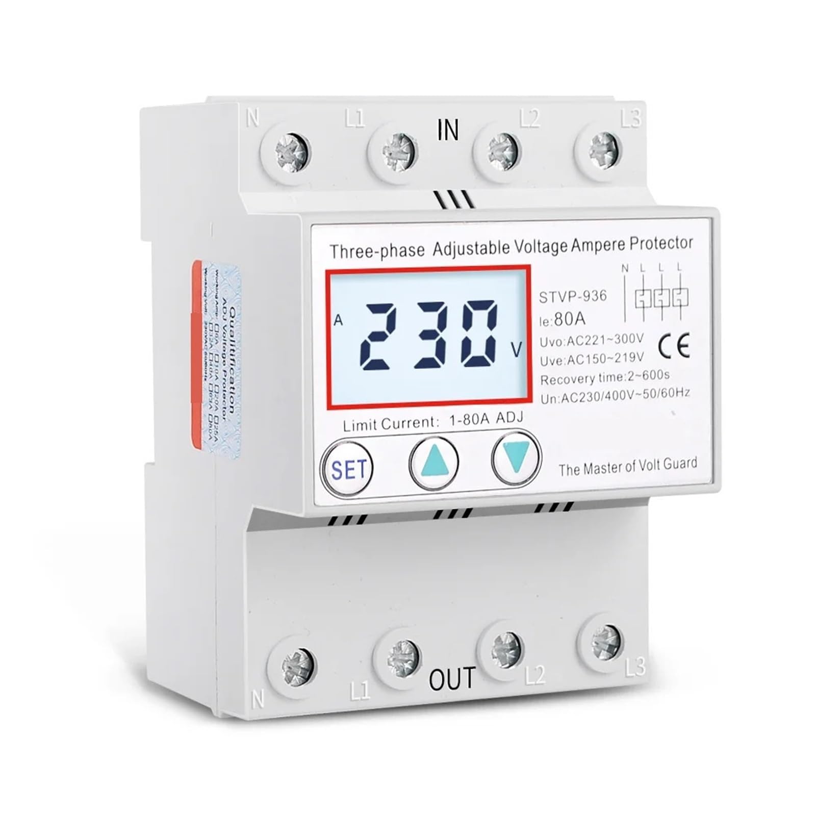 Heavy Load 80A 380V Three Phase 4 Wires Adjustble Voltage and Current Protector Voltage Protection Relay 1Pcs