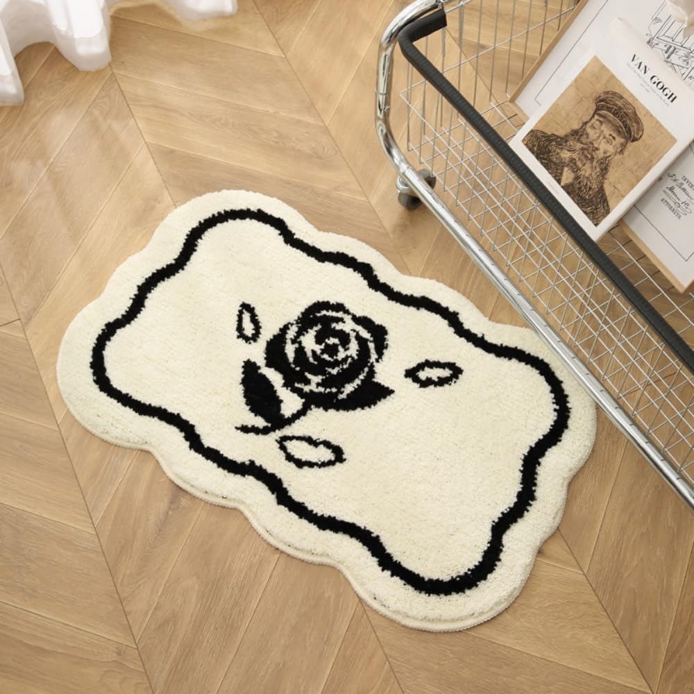 Huilimei Black and White Rose Pattern Bathroom Rug Entry Absorbent Quick-Drying Mat Toilet Door Mat Non-Slip Carpet Toilet Mat