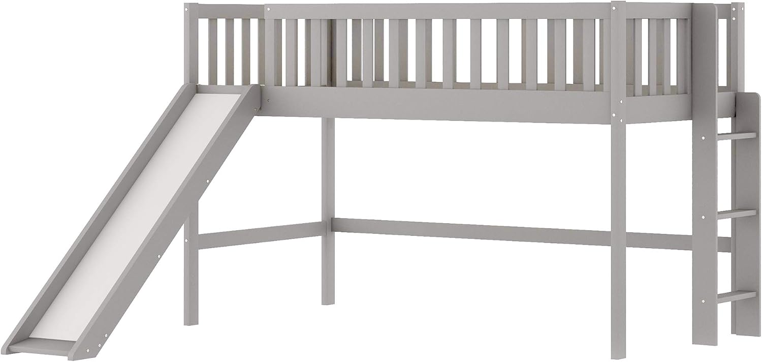 Twin Size Low Loft Bed with Slide, Wood Twin Low Loft Bed Frame with Guardrails and Side Ladder for Kids Boys Girls Teens, No Box Spring Needed, Easy Assembly, Grey