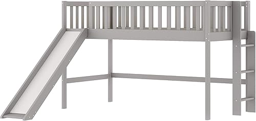 Miniatura 5 de Cama baja tipo loft, cama baja de tamaño individual con tobogán, marco de cama baja de madera con barandillas y escalera lateral para niños, niñas,