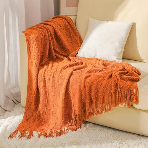 Tititex Decorative Soft Throw Blanket,Burnt Orange Boho Textured Blanket with