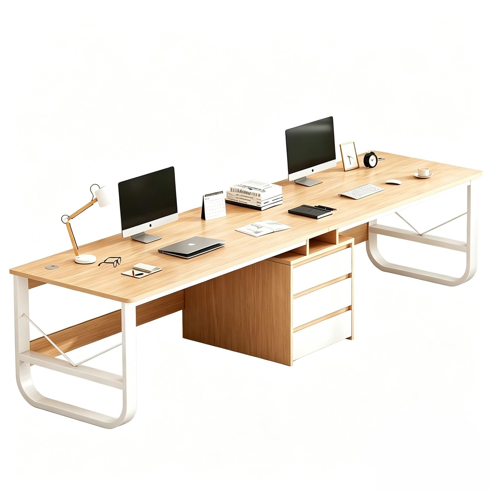 Escritorio de Madera para 2 Personas con cajones, para hogar y Oficina Natural,L200 cm