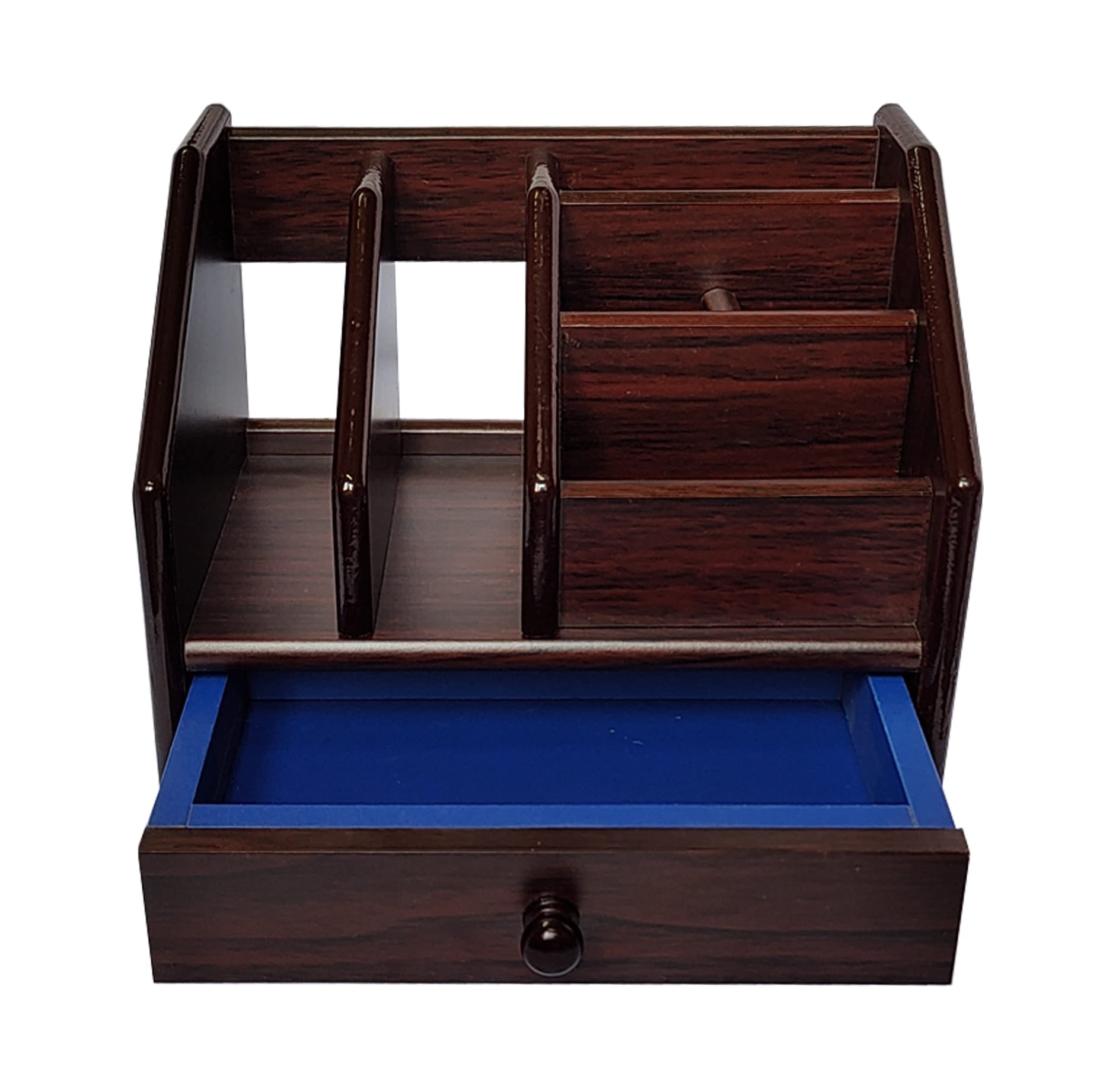 6 in 1 Wooden Pen Stand with Drawer, Visiting Card, Mobile, Remote Control Holder, Book Diary Shelf Multipurpose Desk Organizer for Home, Office & Study Table, Stationery Corporate Gift