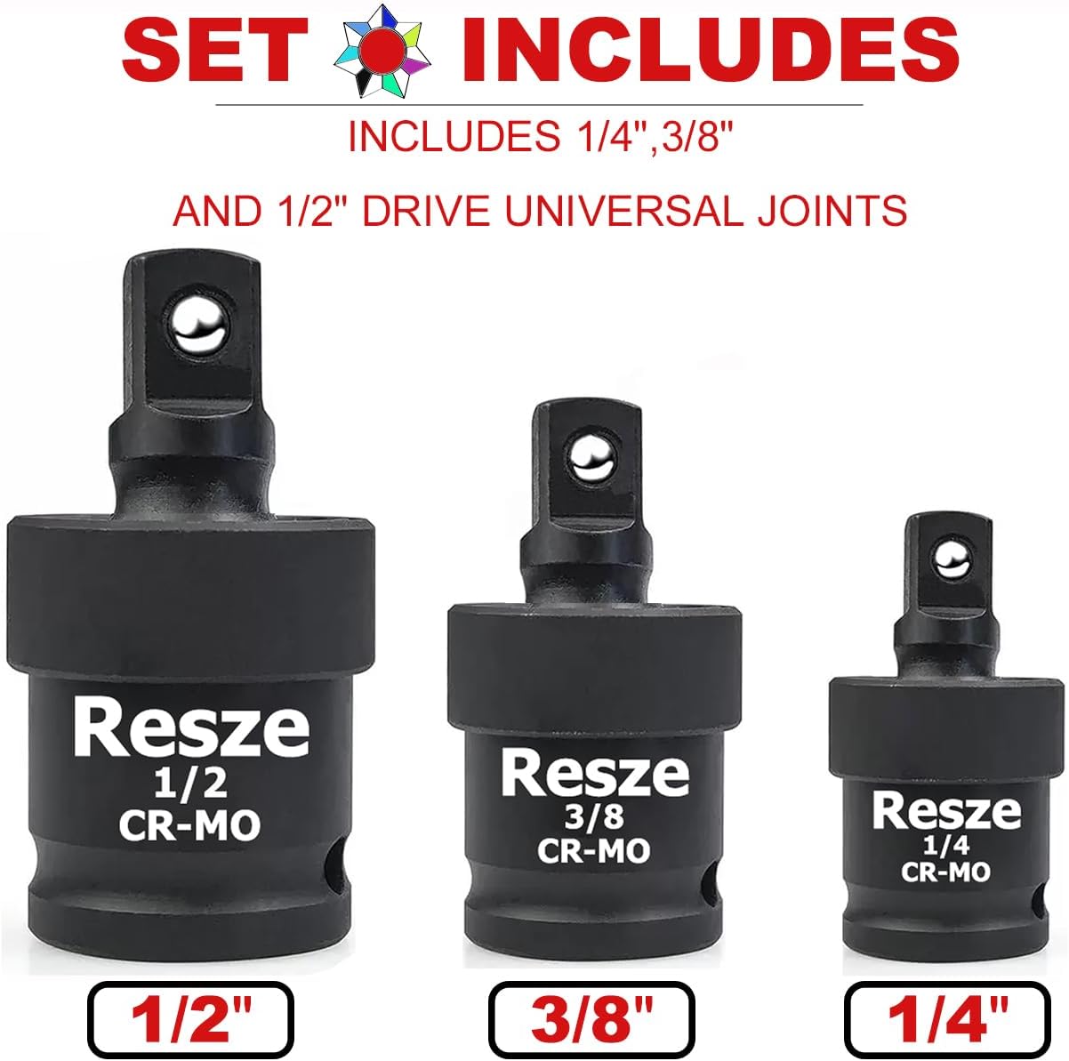 Resze 3PCS Universal Joint Swivel Socket Adapter Set (1/4", 3/8", 1/2"), 360° Rotating, Chrome-Plated Steel, Universal Fit, Anti-Slip Design - Heavy-Duty Automotive & DIY Mechanics Tool Kit