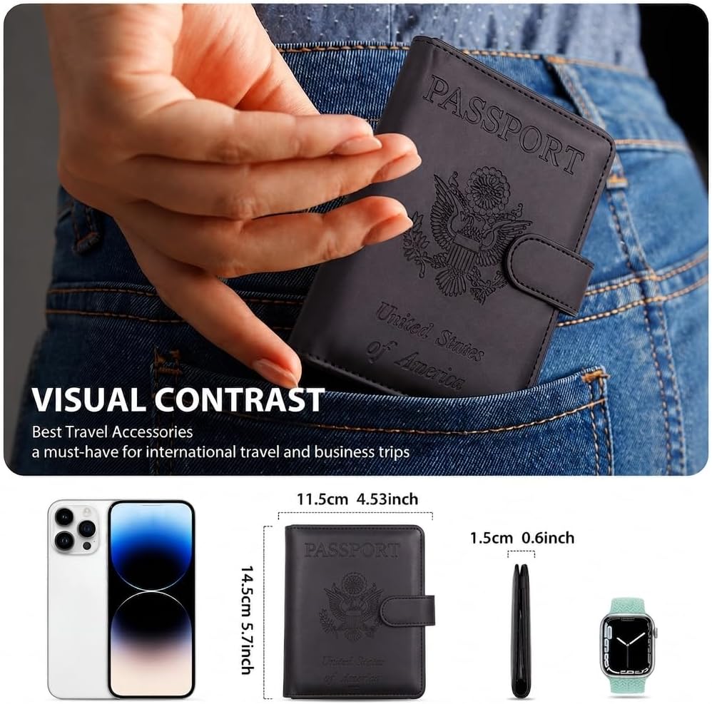 Passport Holder with AirTag Holder, RFID Blocking Leather Travel Wallet Case for Men & Women, Passport Cover with SIM Card Slot, Travel Essentials for International Flying, Black