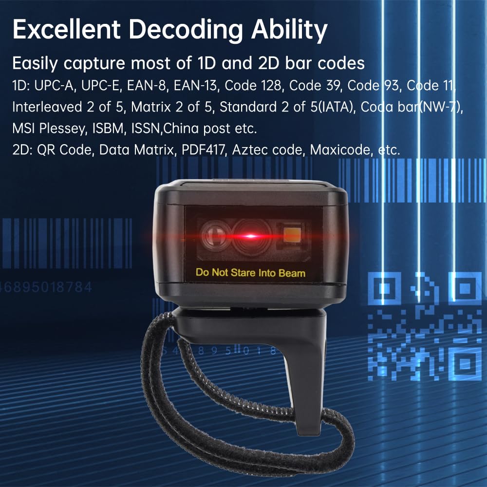 Marhynchus 2D Barcode Scanner Portable Finger Pinsive Hands Portable Ring Barcode Reader Wireless BT 2.4g Connexion pour la Bibliothèque de Supermarchés Express Company
