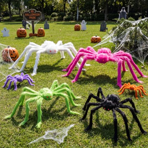 Image of JOYIN 6 Packs Halloween Outdoor Decorations Colorful Giant Spiders Set, Halloween Decor Outside, Multicolor Hairy Large Spider with Different Size for Lawn, Yard Decor (30 inch, 30 inch, 20 inch, 20 inch, 12 inch, 12 inch)