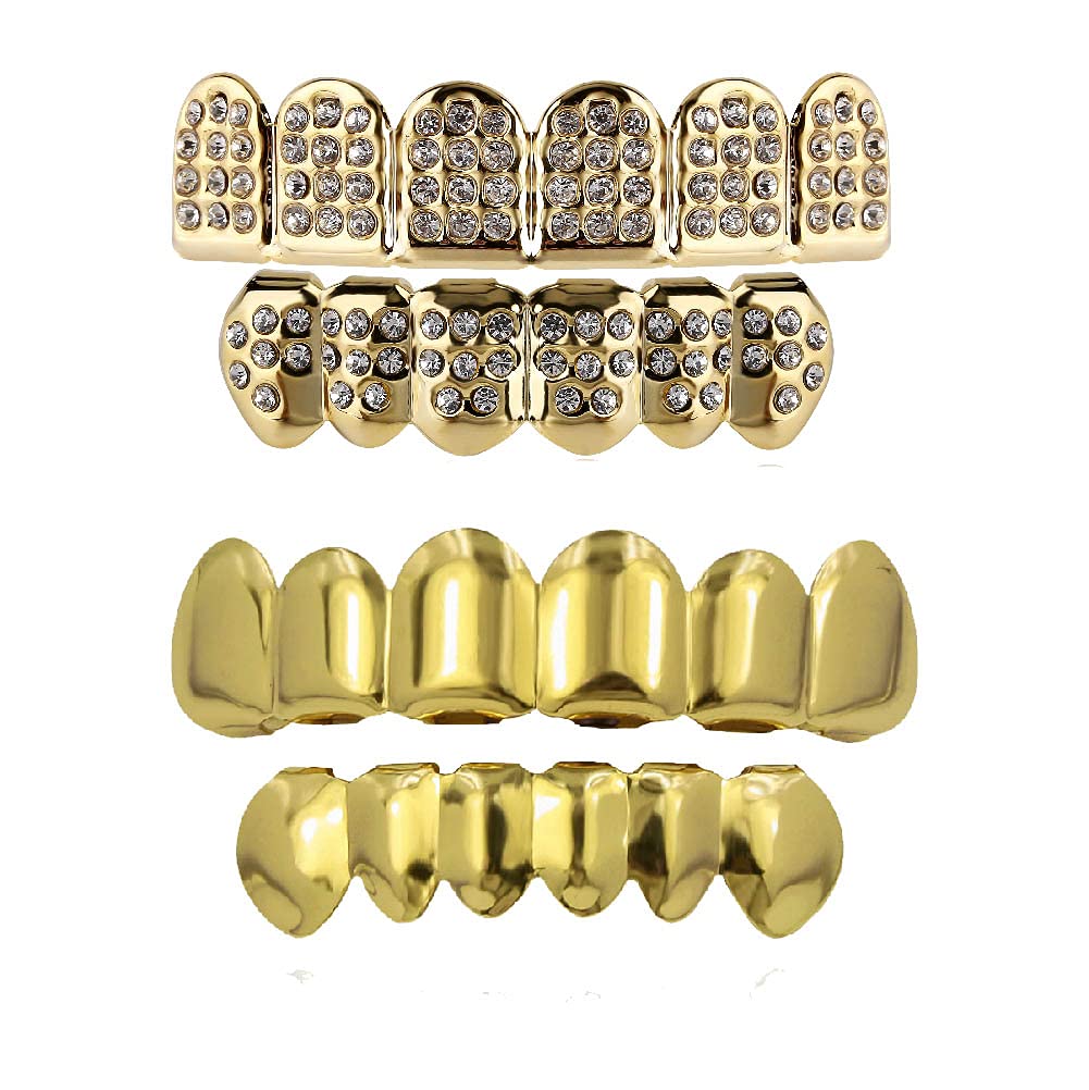 TOPGRILLZIced Gold Grillz for Your Teeth, Custom 6 Fang Top and Bottom Grill for Men Women