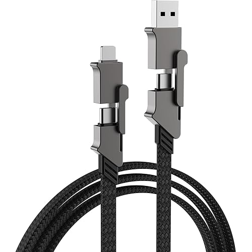 USB Cable Multi Charging Cord: 100W 4FT Black Braided Flat Wire 6-in-1 with Type A C Micro Lightning Plugs – Fast Charging & Data Transfer EDC