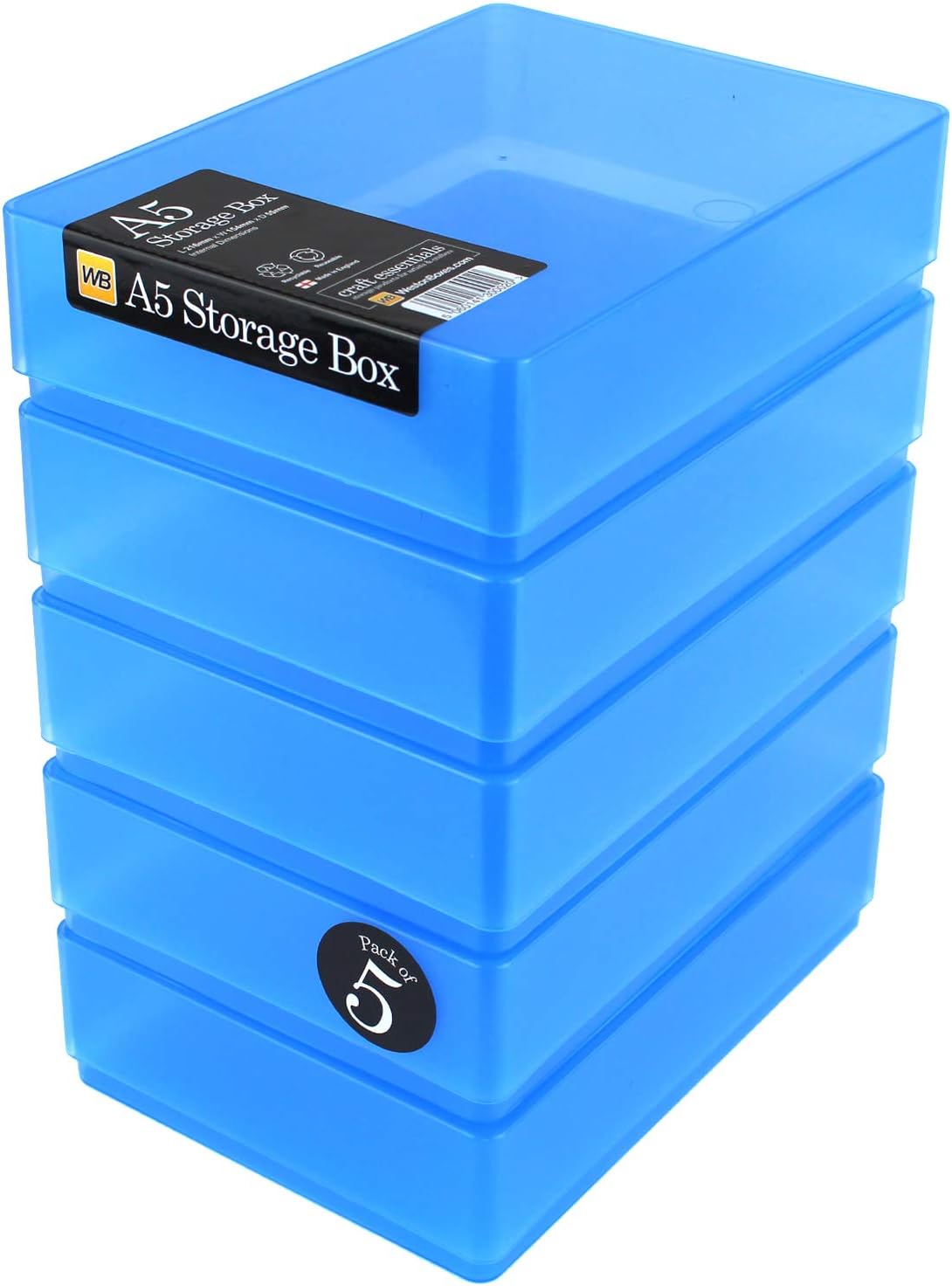 WestonBoxes A5 Plastic Craft Storage Boxes with Lids for Art Supplies, Paper and Card - 1.8 Litre Volume (Blue, Pack of 5)