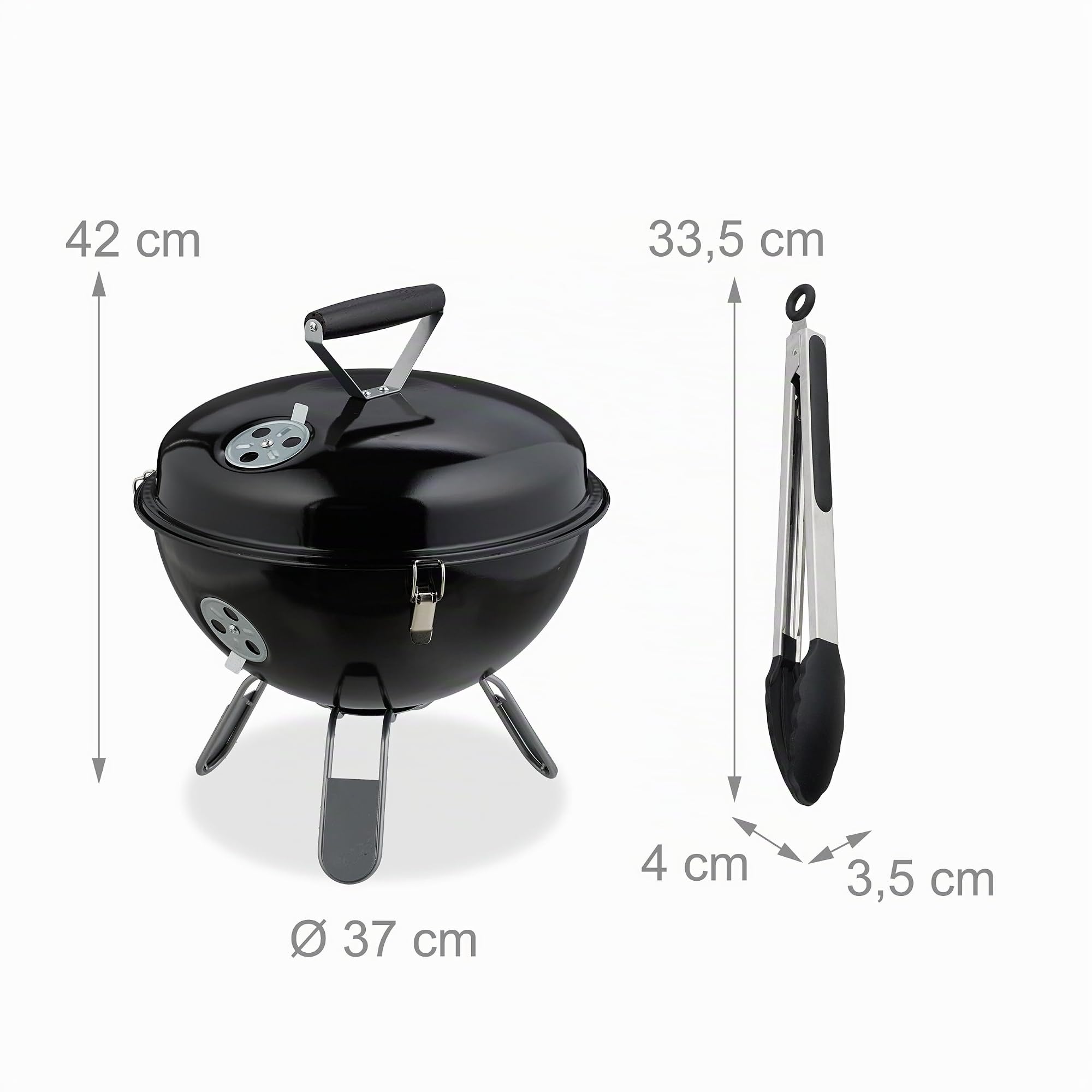 Relaxdays Barbecue Portable, Grill Rond, Ø37 cm, pour Table, Jardin, Balcon, avec Couvercle, bac à Charbon & Pince, Noir