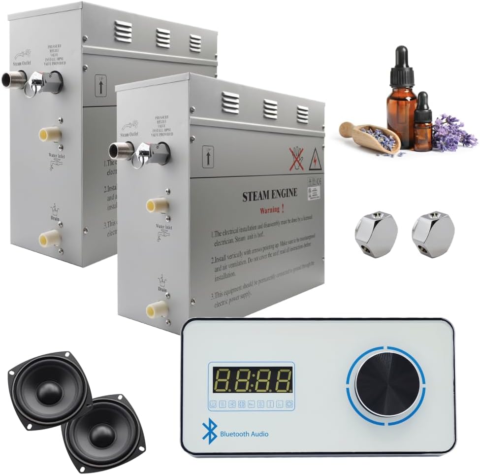 Superior Encore Plus 18kW Steam Shower Generator Kit with Horizontal White Keypad & Aromatherapy Oils Set |Self-Draining Steam Generator|One-click Connection Cord|Bluetooth Audio|