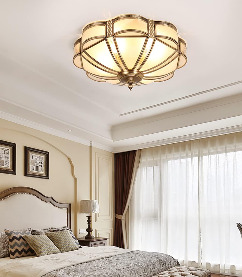 Brass Flush Mount Ceiling Light Mid Century Ceiling Light Fixture with Ceramic Light Socket Classy Frosted Glass Ceiling Lamp for Kitchen Bedroom (17.7")