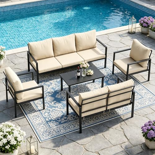Image of 5 Pieces Metal Patio Furniture Set Deck Outdoor Furniture 7-Seat Patio Conversation Sets All-Weather Rust-Proof Sectional Sofa Set with Removable Cushion for Deck, Balcony, Yard, Poolside