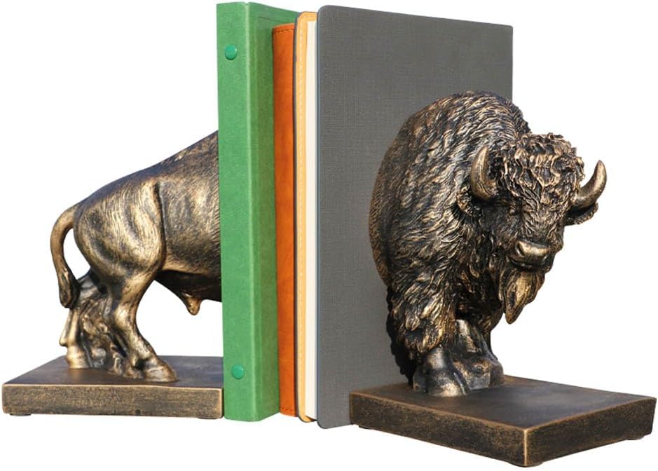 Decorative Bookends, Art Book Ends for Heavy Books, Heavy Bookends for Shelves, Vintage Non-Slip Base Book Holder, Resin Book Stopper for Home Office Decor (Copper Buffalo)