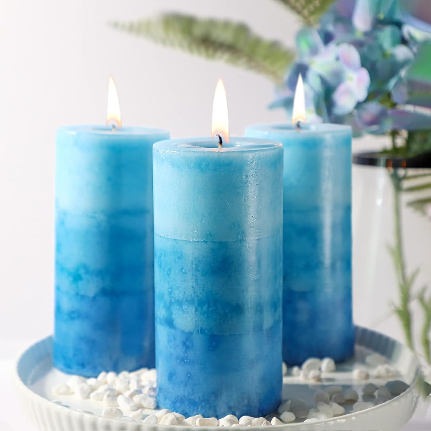 Strong Ocean Scented Pillar Candles, 60+ Hrs Long Burning Candles，3 Pack Blue Candles for Home Scented