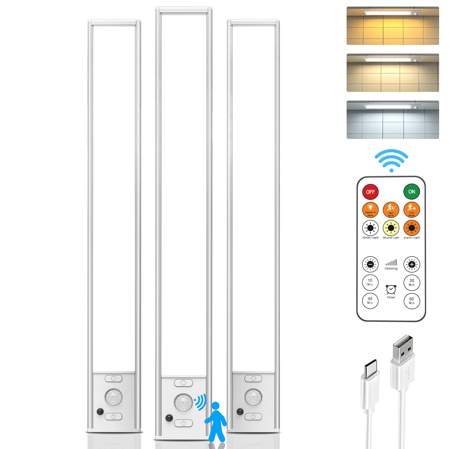 Under Cabinet Lights Wireless,12" Motion Sensor Light Indoor with Remote Control,2500mAh LED Rechargeable Battery Operated Closet Light,3 Color Temps,Under Counter Lights for Kitchen,Stairs,Hallway