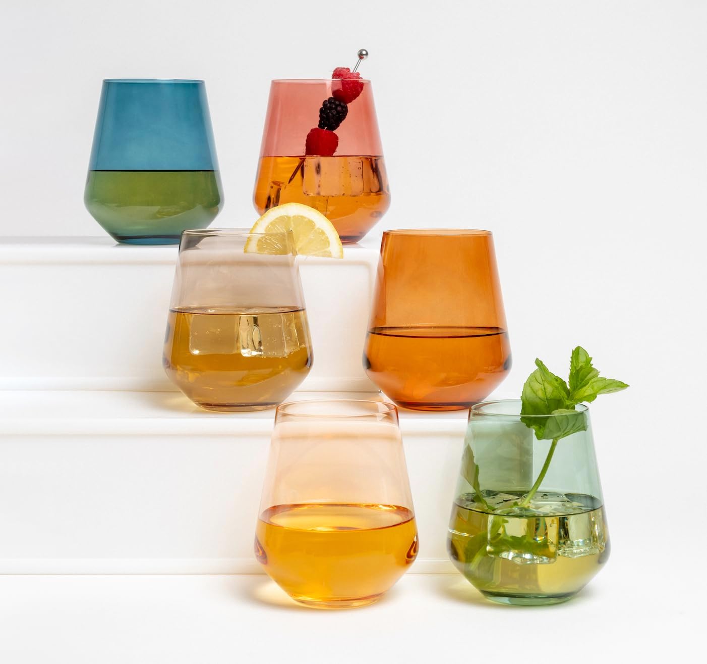 Saludi Colored Stemless Glasses, 16.5oz (Set of 6) Stemless Multi-Color Wine and Water Glass - Great for all Wine Types and Occasions - Luxury, Durable, Hand-Blown