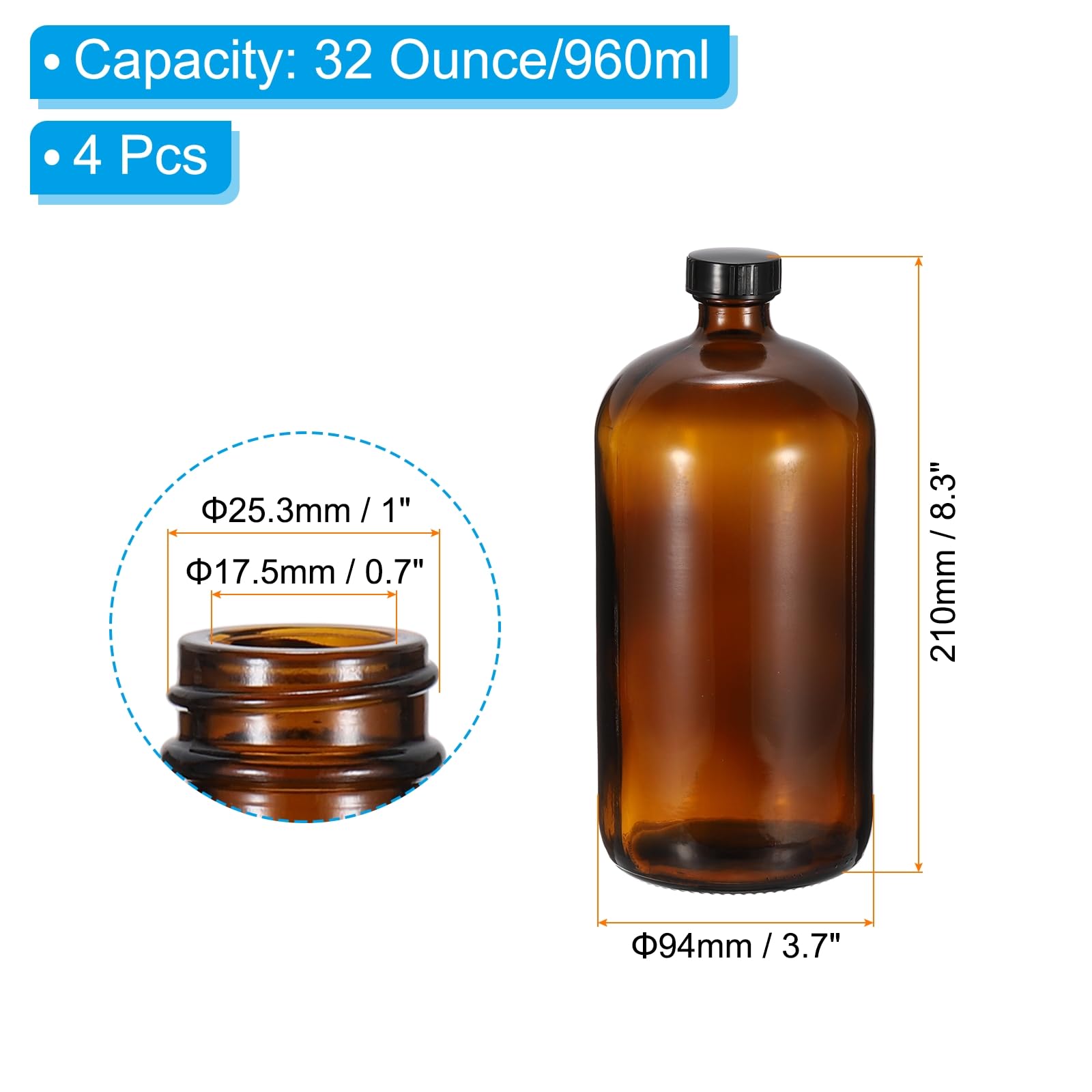 PATIKIL 32Oz(960ml) Frascos De Vidrio Para Muestras, 4Pcs Frascos Redondos Con Tapa Negra De Polietileno Para Líquidos Reactivos, Aceites Esenciales, Perfume, Ámbar