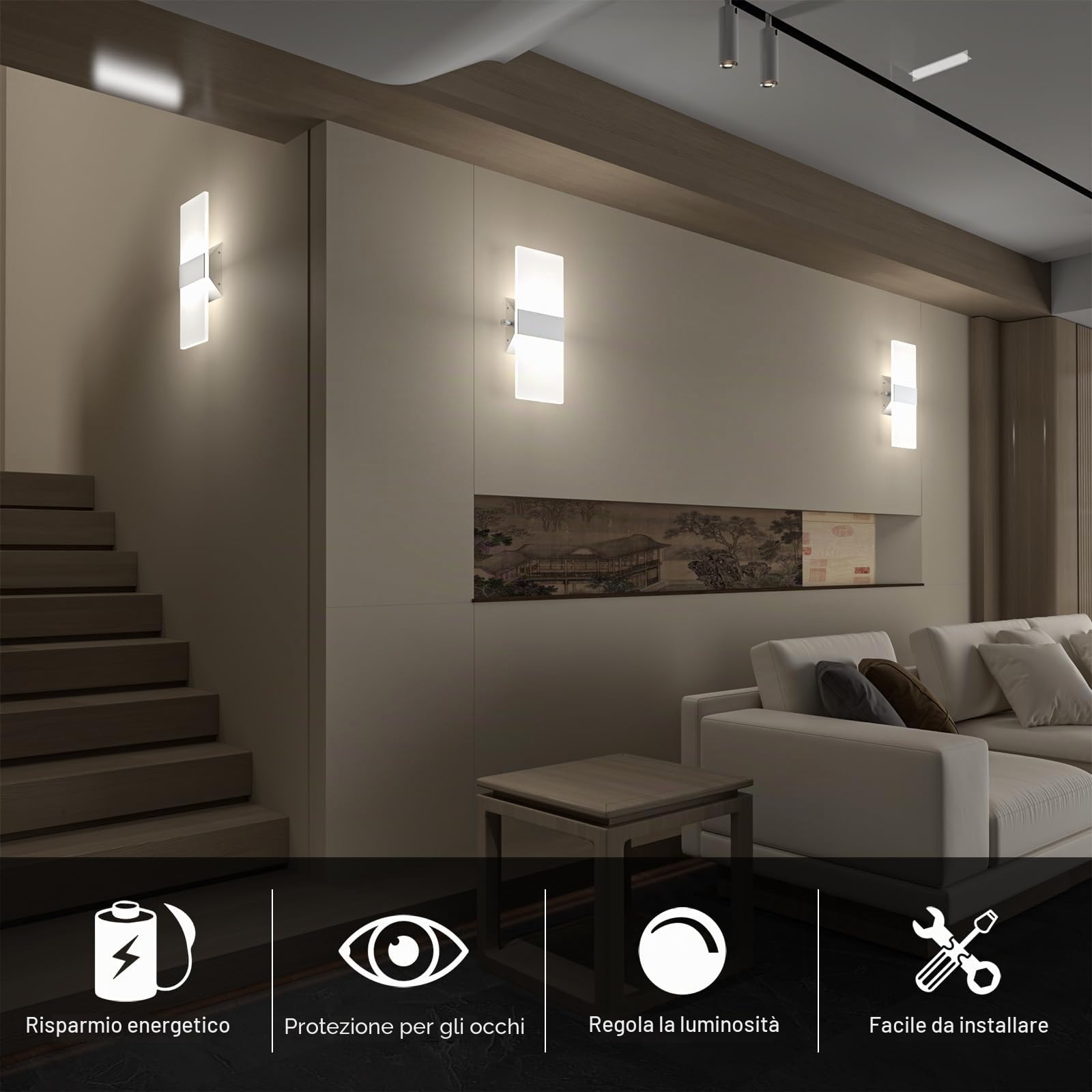 ChangM 2 Pezzi LED Lampada da Parete Interno 12W Può Regolare la Luminosità del 10% -100% Moderno Applique da Parete Interni Lampada a Muro in Acrilico,Bianco Freddo 6000K