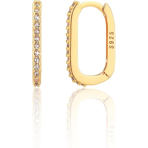 925 Sterling Silver Gold Diamond Hoop Earrings for Women Teens, Hypoallergenic Small Dainty CZ Square Huggies Paperclip Earring, U Hoop Earrings Minimalist