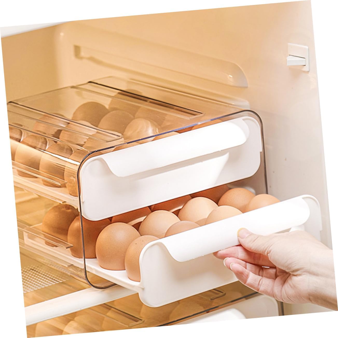 32-Compartment Stackable Egg Storage Container White Double Layer Refrigerator Organizer Pull-Out Drawers for Kitchen Storage and Organization