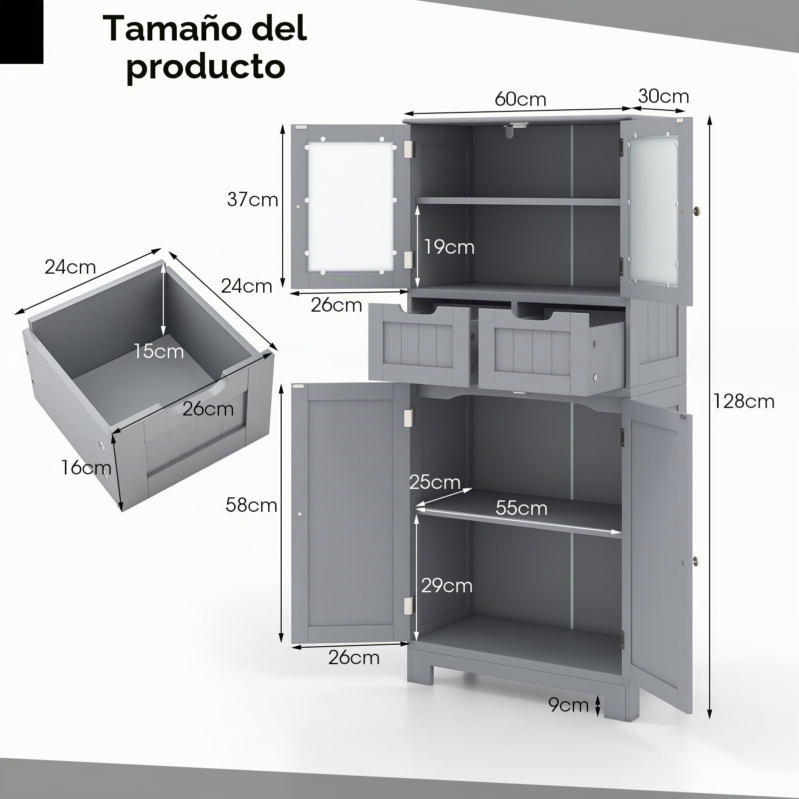 GIANTEX Mueble de Baño con 4 Puertas, Armario de Suelo con 2 Cajones y 2 Estantes Ajustables, Kit Antivuelco, 60 x 30 x 128 cm, Mueble de Almacenamiento para Salón, Dormitorio (Gris)