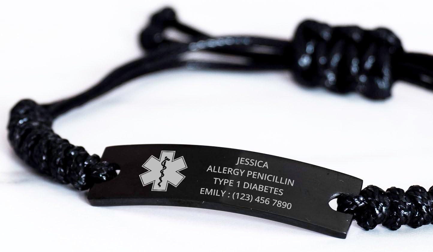 Personalized Medical Alert Black Rope Bracelet, SOS Emergency Health Life Alert Medical ID Engraved Stainless Steel Jewelry Free Engraving Adjustable Black Customized Bracelet for Men Women Kiss