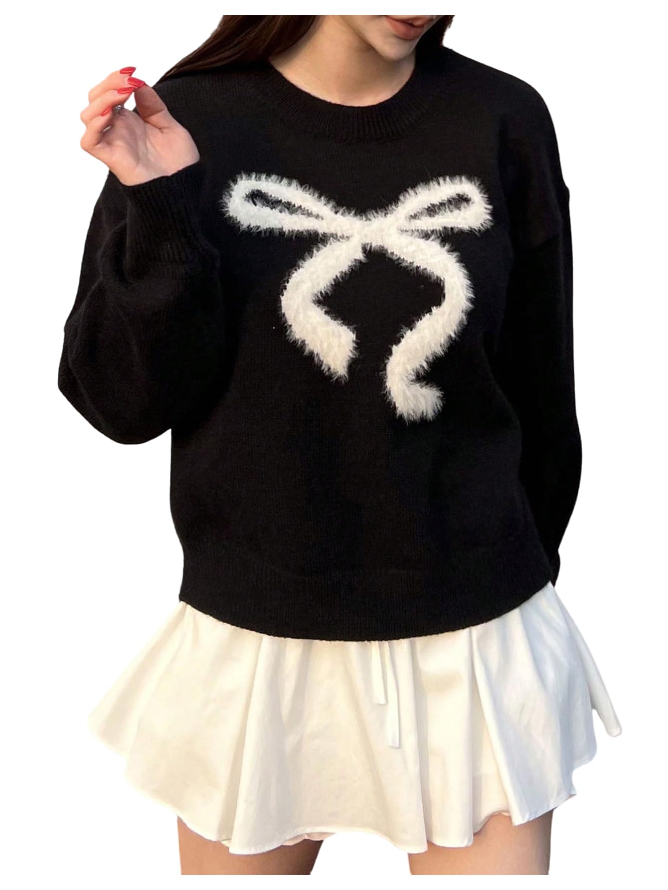 SHENHE Womens Bow Print Sweater Oversized Crew Neck Soft Dressy Holiday Sweater Pullover