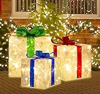Vista 11 de LAMPHOME Cajas Iluminadas de Navidad - Juego de 3 Decoración Iluminada para Exteriores, 41.5'' 208 Luces LED Iluminadas 12.2''+12.2''+10.8'' Cajas