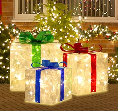 Miniatura 5 de LAMPHOME Cajas Iluminadas de Navidad, juego de 3 cajas de regalo decorativas con 91 LED, luces cálidas con parpadeo, cajas decorativas para Cajas de