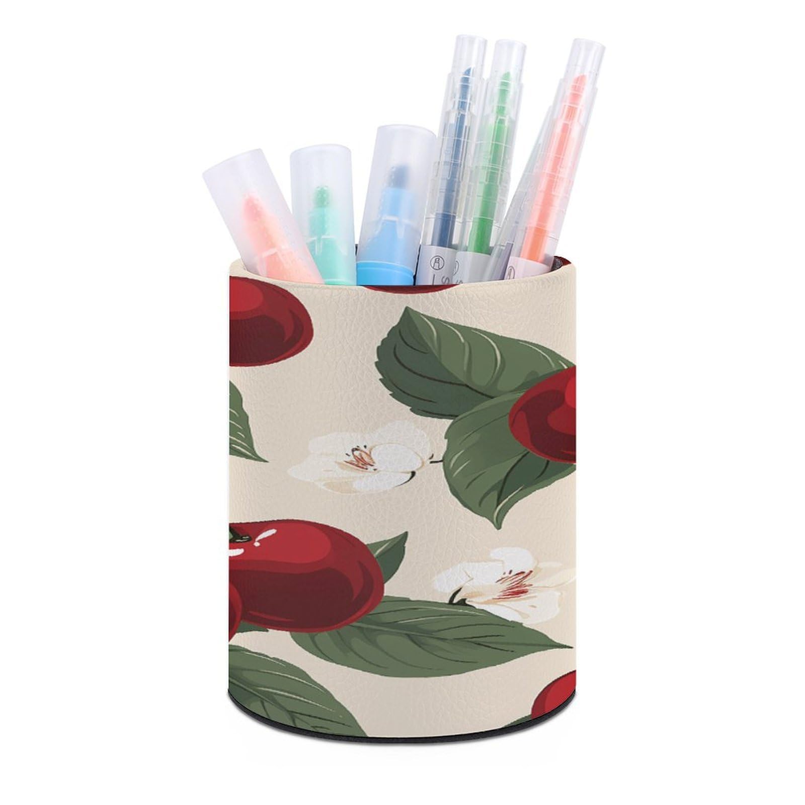 VstaDank Red Cherry Pattern Pen Holder PU Leather Pencil Cup Minimalist Desk Pencil Holder Round Make Up Brush Organizers For Office Dorm Room&Vanity Desk Accessories