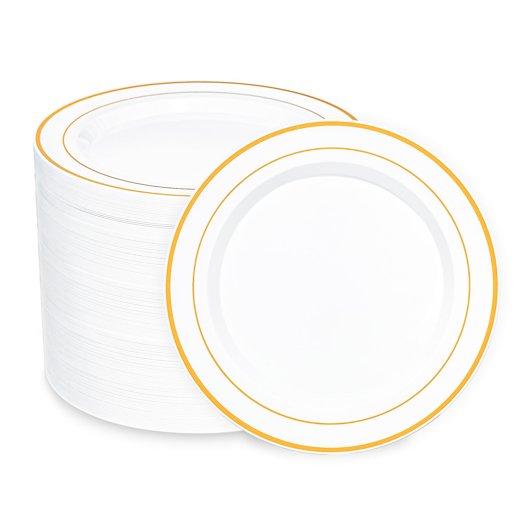 Photo 1 of Pryntono 108PCS White and Gold Plastic Plates, 10 Inch Disposable Dinner Plates with Gold Rim, Heavy Duty Disposable Plastic Plate for Party, Dinner and Weddings