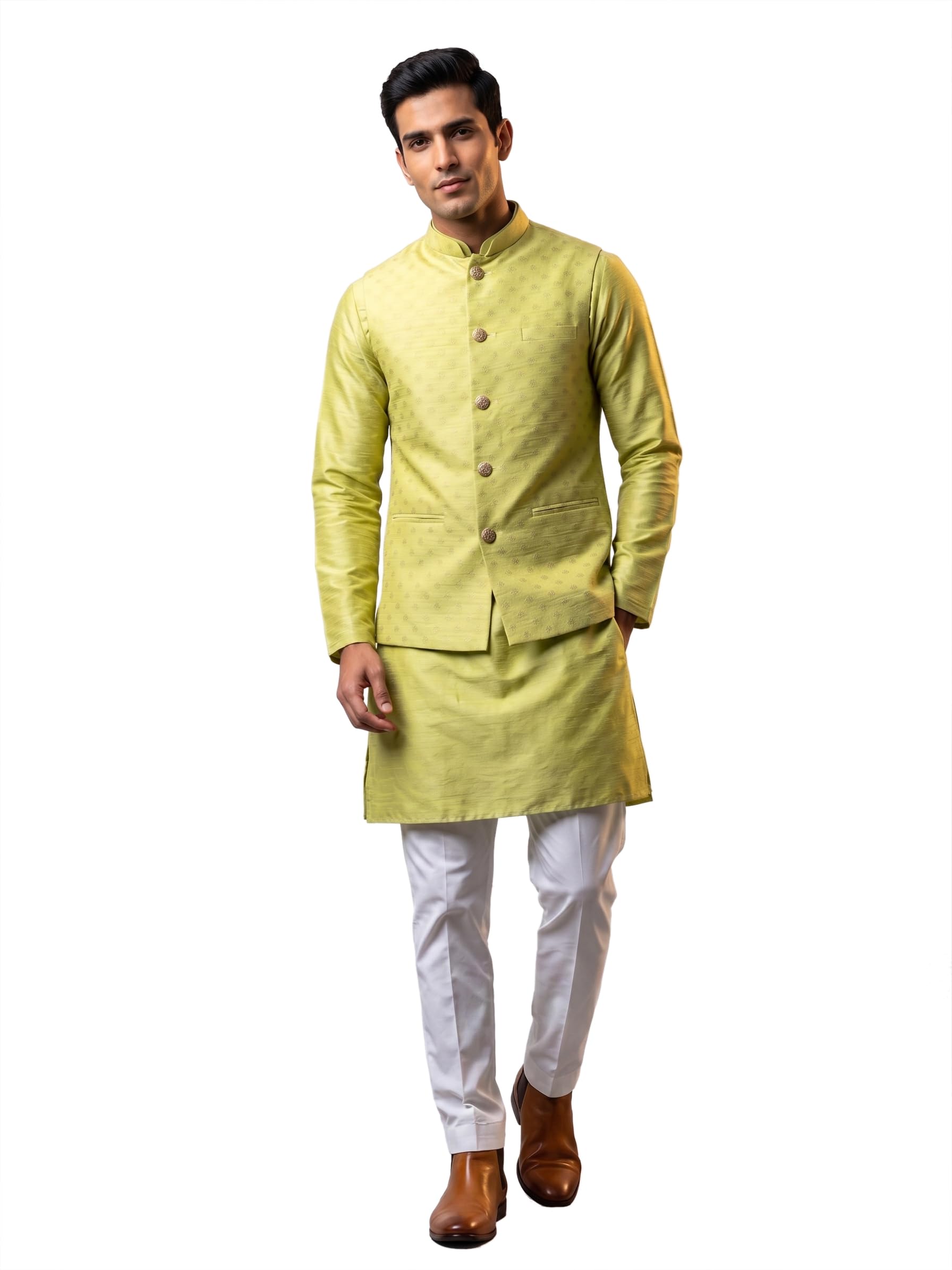 Men's Lime Green Nehru Jacket with Mandarin Collar-picture-11