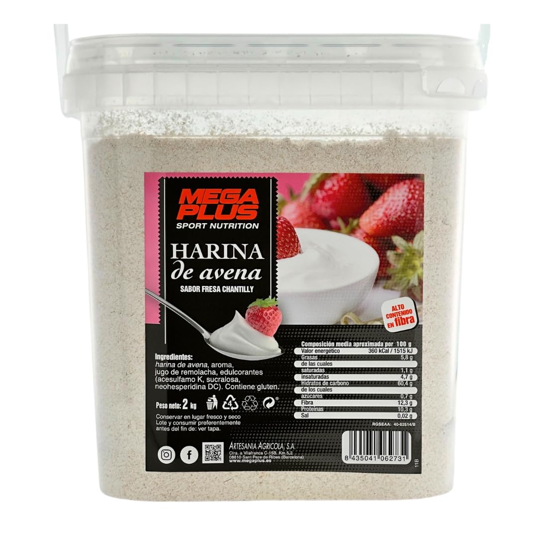 Harina De Avena Sabores - Mega Plus - Harina De Avena Integral Y Para Batido Proteinas O Cereales Avena - Avena En Polvo 8 Sabores - Carbohidratos Y Vitaminas - Sin Azucar - Fresa 2kg
