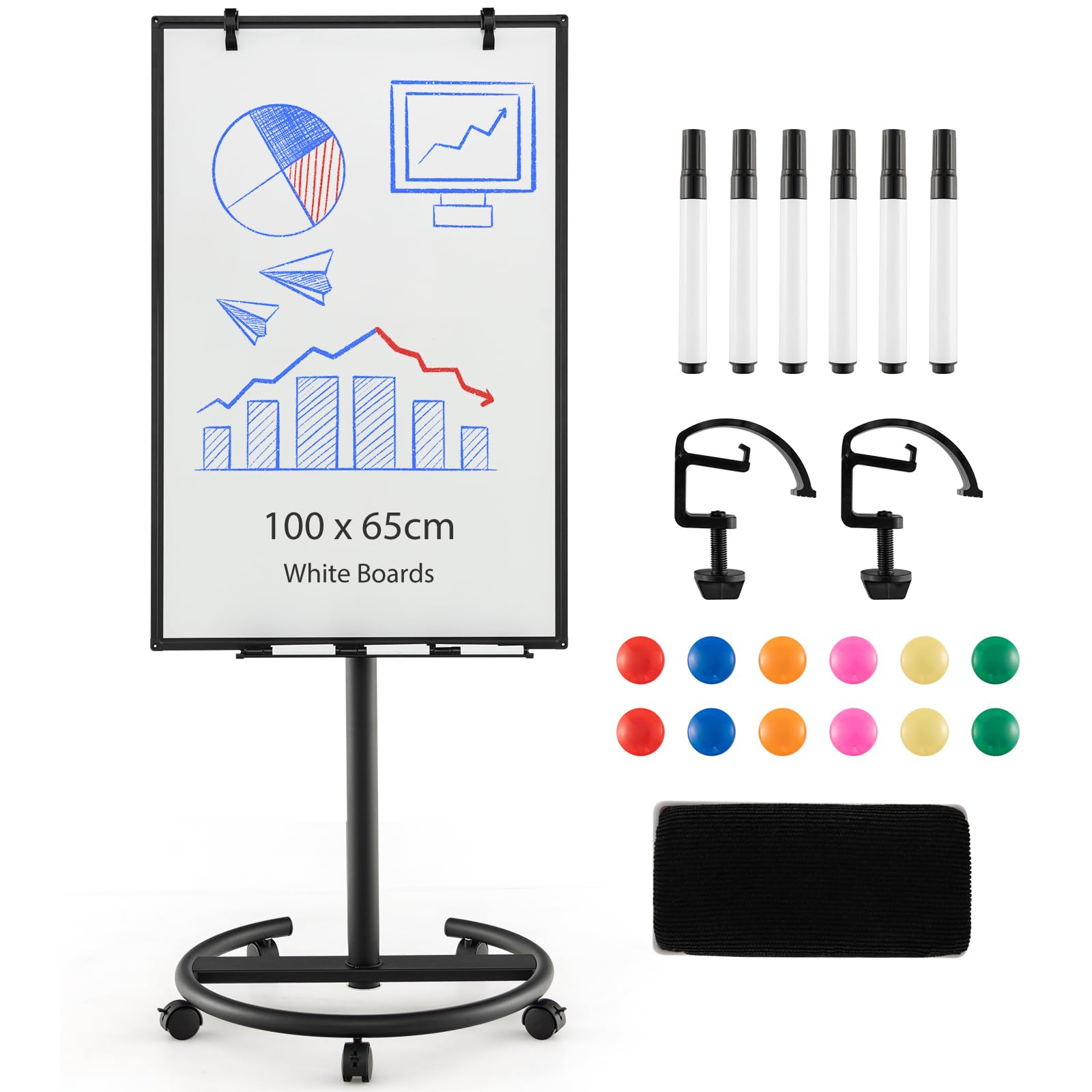 GOPLUS Flipchart Ständer, 100 x 65cm mobiles Whiteboard auf Rollen, Trocken asbwischbar, Flipcharts Whiteboard höhenverstellbar mit Rundfuß, Haken, Marker, Magneten, Papier, Radiergummi (Schwarz)
