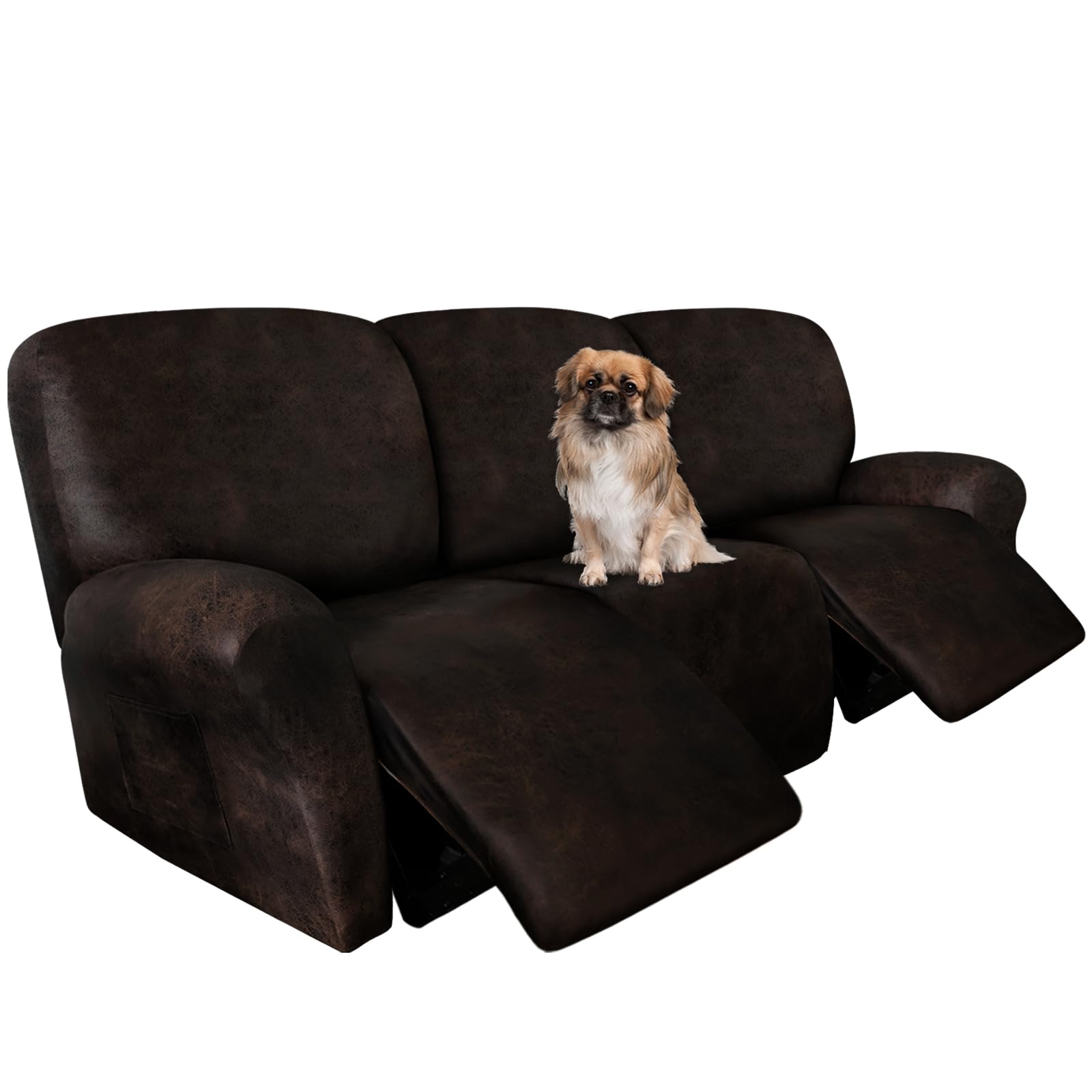 ANARACHON Leather Look Recliner Couch Cover 8-Piece Recliner Sofa Slipcovers 3 Seater for Reclining Couches Furniture Protector Spandex Fabric Washable (Recliner Sofa, 02Coffee)