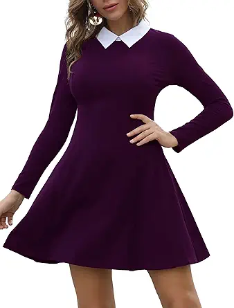 Aphratti Women's Long Sleeve Casual Peter Pan Collar Fit and Flare Skater Dress