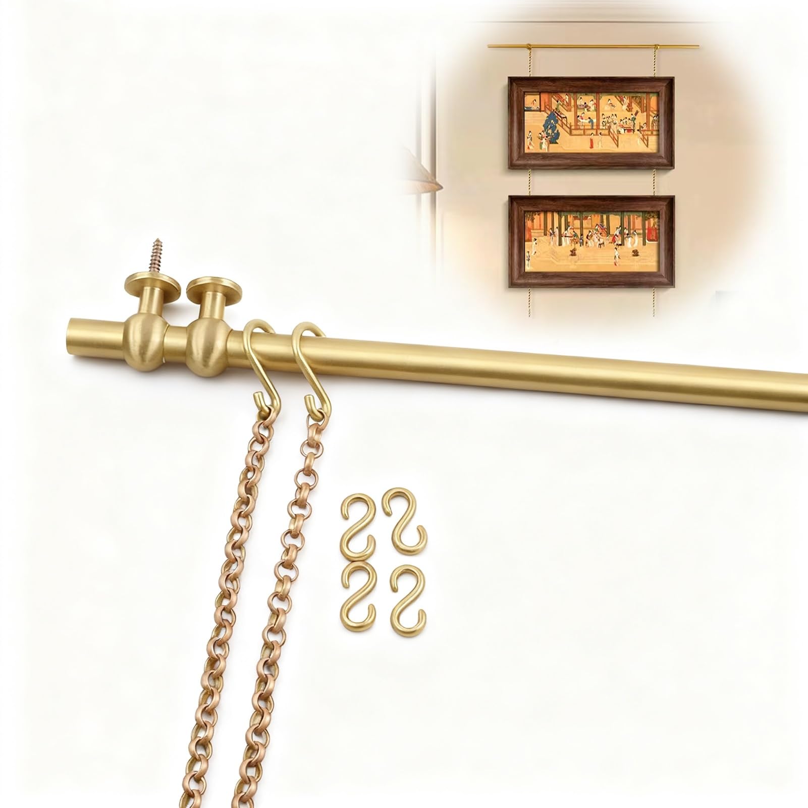 Riel Colgar Cuadros Barras para Colgar Cuadros de Latón, Marcos para Fotos y para Exponer en La Pared, Sistema Rieles para con Ganchos Cadenas(1.1m(3.6ft))