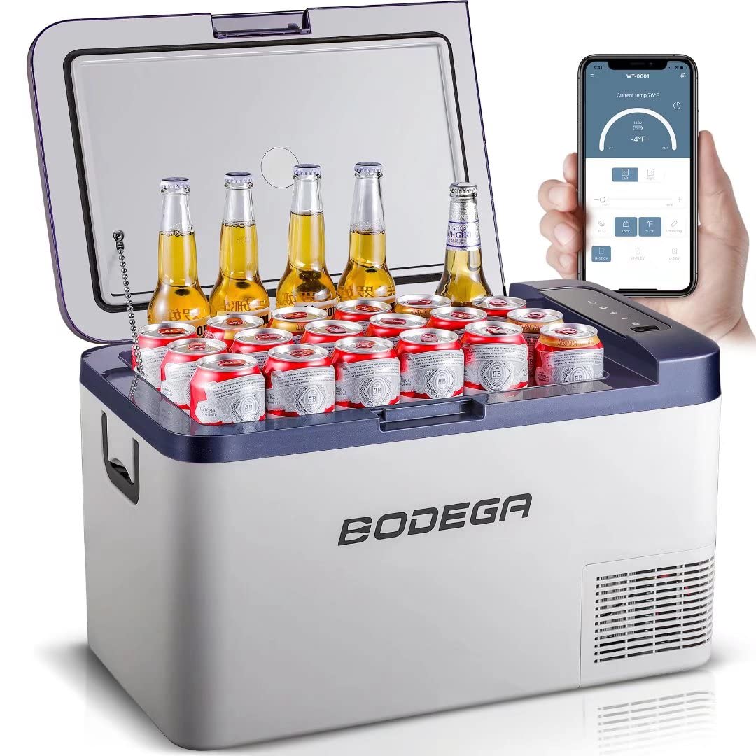 BODEGAEU Camping Fridge 25L, Car fridge, -20°C to 20°C, Compressor Fridge with 12/24V DC and 100-240V AC, Portable Freezer for Car, Campervan, Truck, Boat, RV, Camping and Home Use